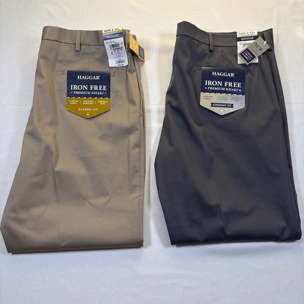 Haggar Men 40x32 Iron Free Premium Khaki Pants Bundle Beige Grey 2 Pairs NWT